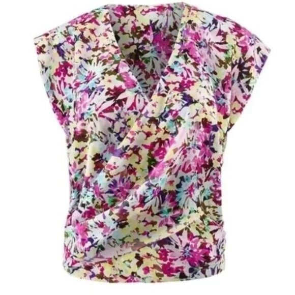 NEW Cabi #5211 Purple Eden Floral Wrap Top Flower Power Cap Sleeve Size M - Picture 2 of 12